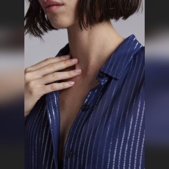 WILDFANG Navy Short sleeve button-down midi length pinstripe shirt dress Large - Picture 4 of 14